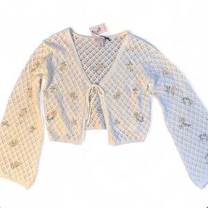 Sincerely Jules Cream Knit Cardigan Floral Tie Front Flare Sleeves Size XL NWT